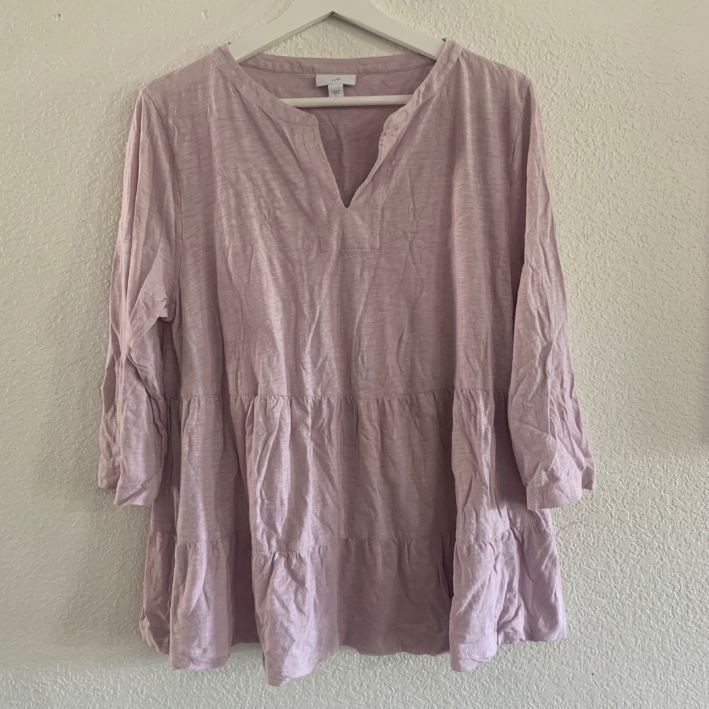 J. Jill Lavender Pink Cotton Tencel Tiered Ruffle Tunic Top Large 3/4 Sleeve